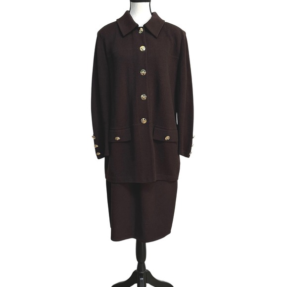 St. John Collection Brown Knit Suit Set Sz 14/12 Gold Buttons Mended Flaws Vtg - Picture 15 of 16